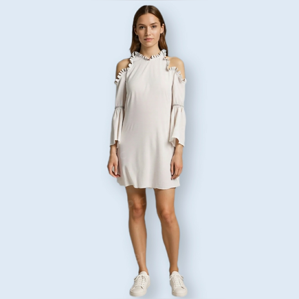 PPLA Stone Grey Cold Shoulder Dress, Bell Sleeve Ruffle Detail NWT